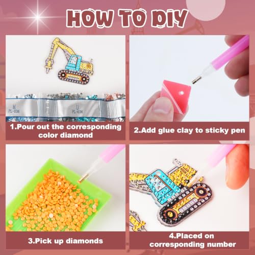 Labeol Arts and Crafts for Kids - Creat Your Own GEM Keychains-5D Diamond Painting by Numbers GEM Kits for Kids Girls Toddler Age 6-7 6-8 10-12 - style: Engineering Vehicles