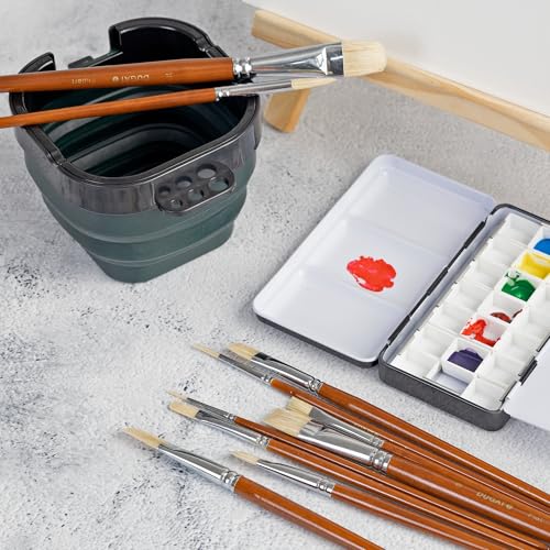 Short Handle Artist Paint Brush Set, 10-Piece Hog Hair Bristle | Strong Paint Pickup for Acrylic & Oil Painting, Comfortable Wood Handle, Kids & Adults - color: Brown