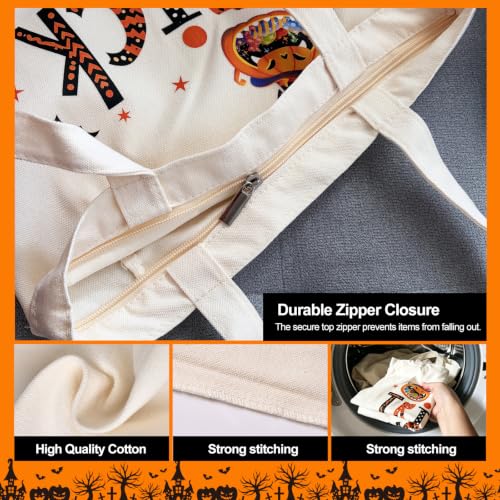Canvas Tote Bag with Zipper for Women, Halloween Trick or Treat Bags Bulk | 13.8" x 15.3" Fashionable Two-Tone Cotton Tote Bag for Crafts, DIY Your Creative Designs - color: [A0] Halloween - Beige