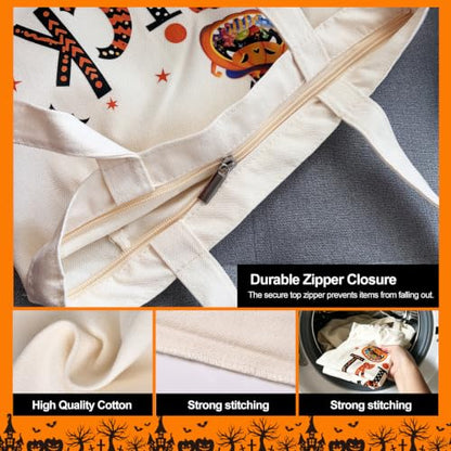 Canvas Tote Bag with Zipper for Women, Halloween Trick or Treat Bags Bulk | 13.8" x 15.3" Fashionable Two-Tone Cotton Tote Bag for Crafts, DIY Your Creative Designs - color: [A0] Halloween - Beige