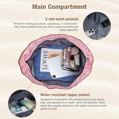 Beach Bag for Women - 35L Large Tote Bag, Waterproof & Sandproof, Zippered Carry On Bag for Pool, Beach & Travel - color: Pink