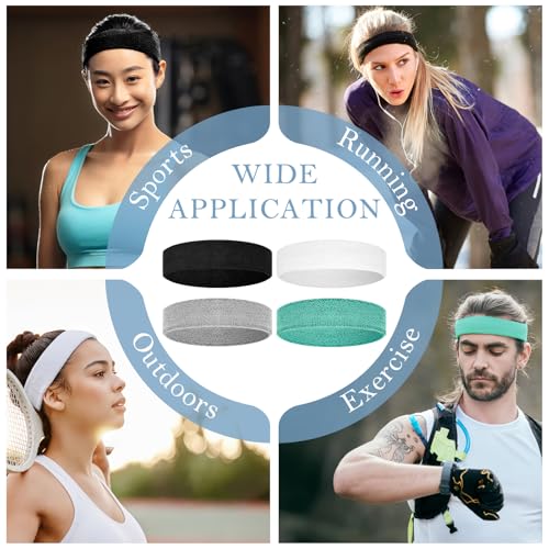 4 Pack Cotton Terry Sweat Headbands for Men Women Running Gym - color: Black/Gray/Sky Blue/White