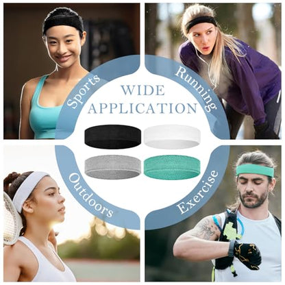 4 Pack Cotton Terry Sweat Headbands for Men Women Running Gym - color: Black/Gray/Sky Blue/White
