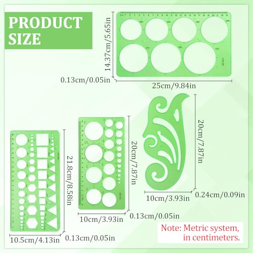 4 Pcs Geometric Drawings Templates, Measuring Geometry Rulers Drafting Stencils Measuring Tools, Transparent Green Plastic Drawing Tool for Design School Studying Office Architecture Teaching Supplies