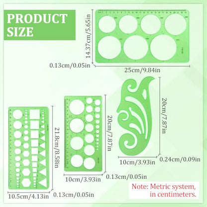 4 Pcs Geometric Drawings Templates, Measuring Geometry Rulers Drafting Stencils Measuring Tools, Transparent Green Plastic Drawing Tool for Design School Studying Office Architecture Teaching Supplies