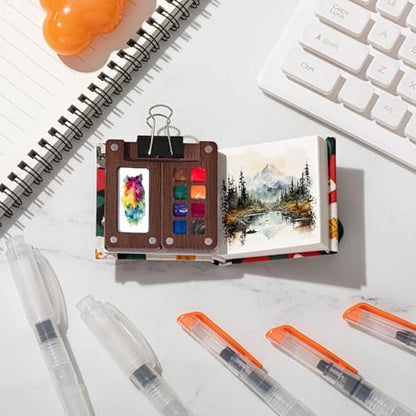 Qilery Mini Portable Watercolor Palette Set Wooden Grid Paint Box Watercolor Paper Sketch Book Brush Pens with Binder Clip for Painters Artist Not Include Paint(Cat) - style: Cat
