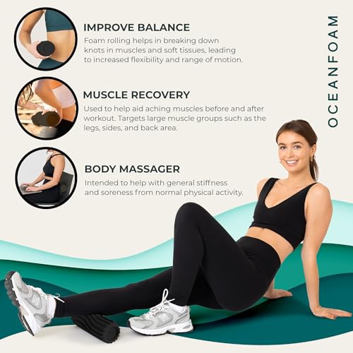 Oceanfoam Ripple Travel Foam Roller (11" x 3.35") Firm Mini Foam Roller for Physical Therapy, Deep Tissue Massage, Back Pain - High Density, Ergonomic Wave Textured, Yoga, Pilates, Exercise (Charcoal) - color: Charcoal
