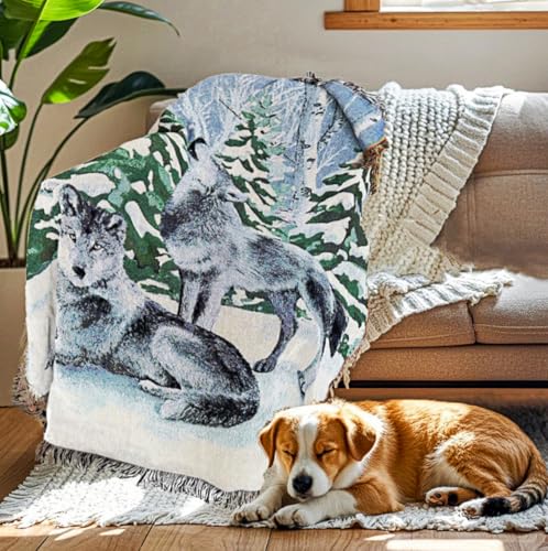 Lodge Wolf Woven Tapestry Throw Blanket 50 X 60 Inches | Wall Hanging Art, Handicrafts Jacquard, Multipurpose Soft Travel Mat, Outdoor with Fringe Tassels - color: Wolves