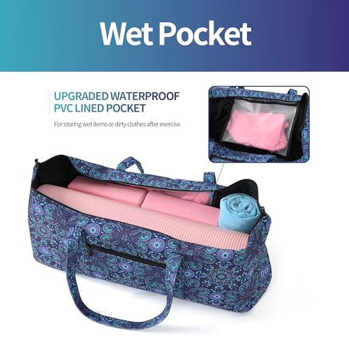 Boulder Bee | Yoga Mat Bag | Large Yoga Mat Carrier with Wet Pocket | Yoga Gifts | Gym Tote Bag for Women - color: Tote-Blue