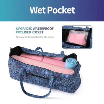 Boulder Bee | Yoga Mat Bag | Large Yoga Mat Carrier with Wet Pocket | Yoga Gifts | Gym Tote Bag for Women - color: Tote-Blue