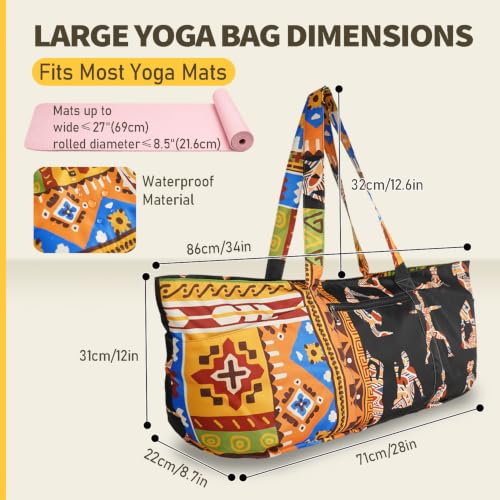 Yoga Mat Bag Yoga Tote Bag with Large Waterproof Zipper Pocket and Drawstring Pocket Yoga Mat Bag Carrier Fit Most Size Mats and All You Stuff - color: black yellow orange
