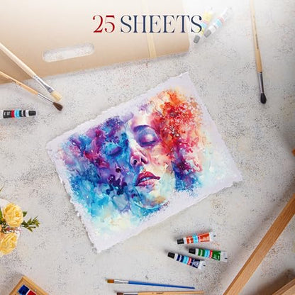 Thick Handmade A5 Size Watercolor Paper with Deckle Edge - 5.8" x 8.25" - 300GSM - Premium White Hot Press Smooth Mixed Media Paper Made with Recycled Cotton - 25 Loose Leaf Sheets - color: White, size: 5.8x8.3" (15x21cm)