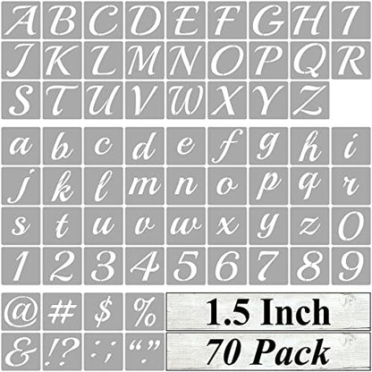 1.5 Inch Alphabet Letter Stencils for Painting - 70 Pack Letter and Number Stencil Templates with Signs for Painting on Wood, Reusable Cursive Letters Stencils for Chalkboard Wood Signs & Wall Art - size: 1.5 Inch
