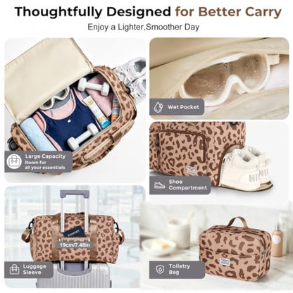 FIORETTO Women's Gym Duffle Bag with Shoes Compartment, 30L Capacity, Ideal for Travel, Gym, Sports, Duffel, Weekender - color: Leopard Brown, style: Gym Bag With Toiletry Bag