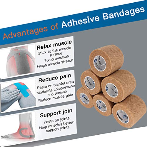 Self Adherent Cohesive Bandages Wrap 24 Count 2" x 5 Yards, Medical Tape, Adhesive Flexible Breathable First Aid Non Woven Rolls, Stretch Athletic, Ankle Sprains & Swelling, Sports - color: Beige, size: 24 Count (Pack of 1)