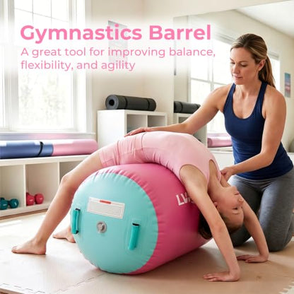 Gymnastics Air Barrel with Pump, Inflatable Back Handspring Trainer - color: Pink+Green, size: 4'L x 3'D