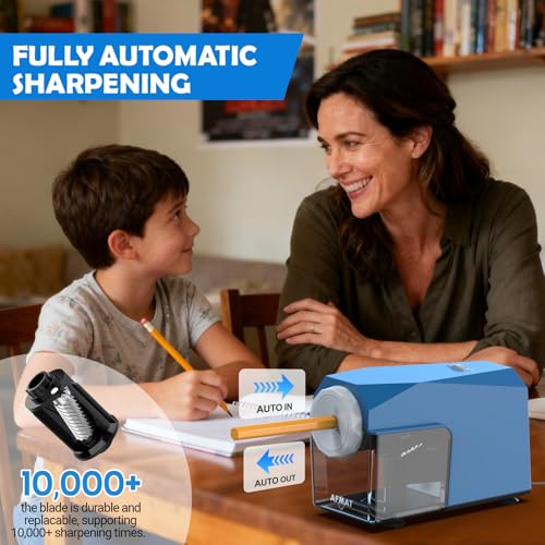 AFMAT Electric Pencil Sharpener, Fast & Hands-Free, 10K+ Uses, 5 Nibs, Fully Automatic Pencil Sharpener for Classroom, Heavy Duty Sharpeners for No.2/Jumbo/Colored Pencils (6.5-10.5mm) US Plug(120V) - color: Sky Blue