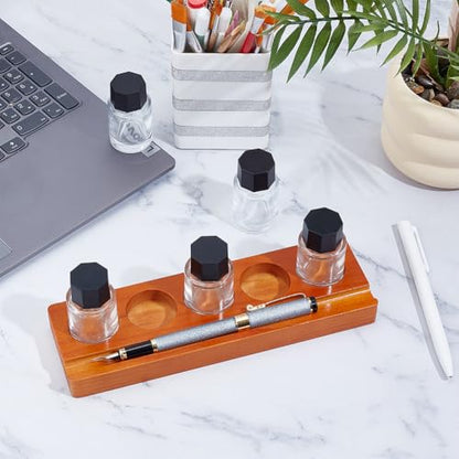BENECREAT 5-Hole Calligraphy Ink Pot Holder Set, Wood Bottle Organizer Stands & 5Pcs Glass Fountain Pen Ink Bottle（15ml/ 0.5oz Decorative Desk Organizer for Office and Home Writing