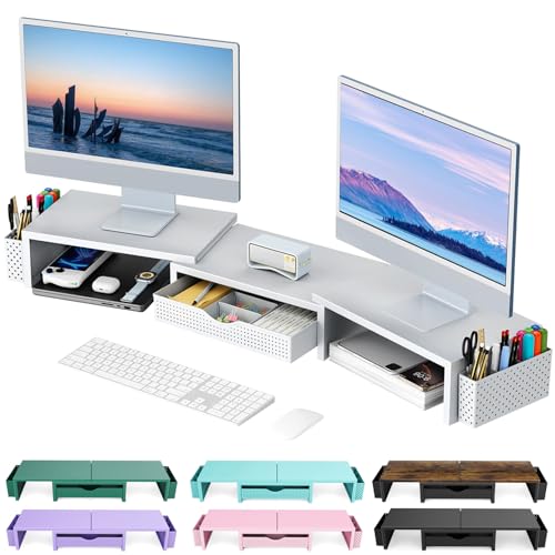 gianotter Dual Monitor Stand Riser With Drawer and 2 Pen Holders - color: White