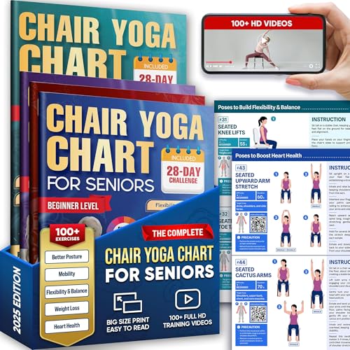 Chair Yoga for Seniors Over 60 Chart 4 Book Set – Chair Yoga Book with 102 Easy Chair Exercises for Seniors included Full HD Videos Instruction, Chair Yoga Chart for Seniors for Balance & Weight Loss