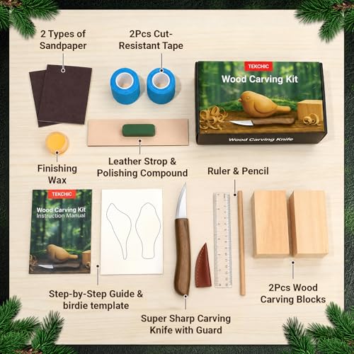 Wood Carving Kit, 13Pcs Whittling Kit with Carving Knives for Beginners | Bird DIY Whittling Knife Set with Leather Sheath, Woodworking Hobby Craft Kits for Adults & Kids, Meaningful Gift - color: Bird Wood Carving Kit