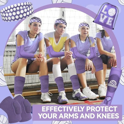 6 Pcs Volleyball Knee Pad and Arm Sleeve Volleyball Accessories Drawstring Bag Softball Headbands Volleyball Protection Training and Games Equipment Gifts - color: Purple, size: Medium
