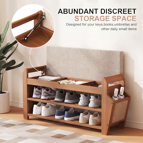 PETKABOO 31.5" Bamboo Shoe Rack Bench with Storage, 3-Tier Entryway Bench with Thick Cushion, Flip-Top & Side Baskets, Holds Up to 550 LBS for Hallway, Living Room, Bedroom - color: 31.5"