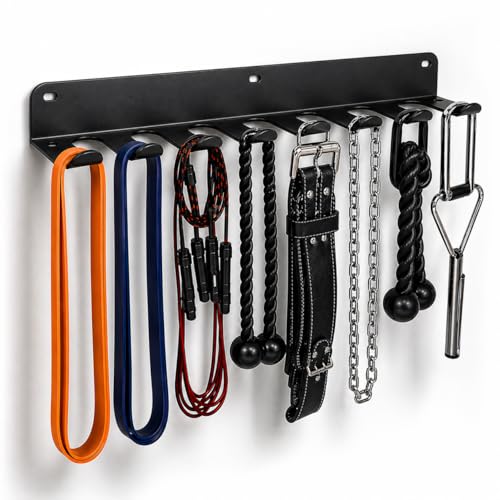 Gym Equipment Storage Rack - Multi-Purpose Home Gym Organization Storage Wall Mount for Resistance Bands, Jump Ropes, Lifting Belt, Chains, Barbells (16" / 8 Prongs)