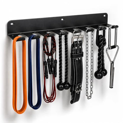 Gym Equipment Storage Rack - Multi-Purpose Home Gym Organization Storage Wall Mount for Resistance Bands, Jump Ropes, Lifting Belt, Chains, Barbells (16" / 8 Prongs)