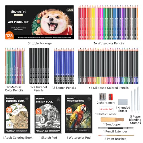 Shuttle Art Professional Drawing Kit, 123 Pieces of Drawing Pencils Set Includes Colouring Pencils, Watercolor, Charcoal, Graphite and Sketch, Ideal for Adults Children Artists