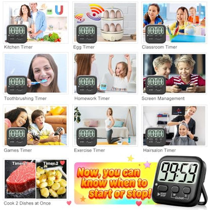 Antonki 2 Pack Digital Timer for Kids Classroom Kitchen Timers for Cooking | w/ Battery, Easy to View, Alarm, Mute Mode, Count Down/Up, Magnetic, Kickstand, Hanging, Classroom Timer for Teacher Supplies - color: Rich Black *2