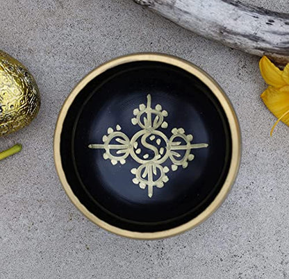 Tibetan Medium Size Singing Bowl Complete Set With Mallet and Brocade Cushion ~ For Meditation, Chakra Healing, Prayer, Yoga - color: Black, size: Medium