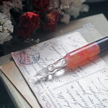 SeventyTwo Handmade Glass Dip Pen with Wood Handle, Black and Pink Coral Design, Calligraphy Writing Pen with Cap (Black-Pink)
