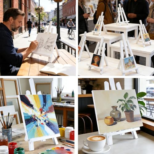 Artkey White Wooden Display Easel Stand, 13 Inch Folding Tabletop A-Frame Mini Easels for Canvas, Photos, Wedding Signs & Menus, Solid Radiata Pine Wood, 2 Pack - color: White