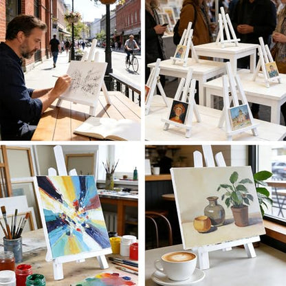 Artkey White Wooden Display Easel Stand, 13 Inch Folding Tabletop A-Frame Mini Easels for Canvas, Photos, Wedding Signs & Menus, Solid Radiata Pine Wood, 2 Pack - color: White