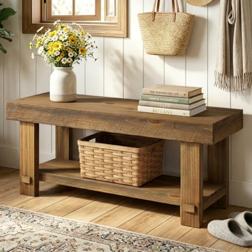 HOKYHOKY Solid Wood Entryway Bench - 42.6" Farmhouse Long Narrow Benches - size: 42.6"