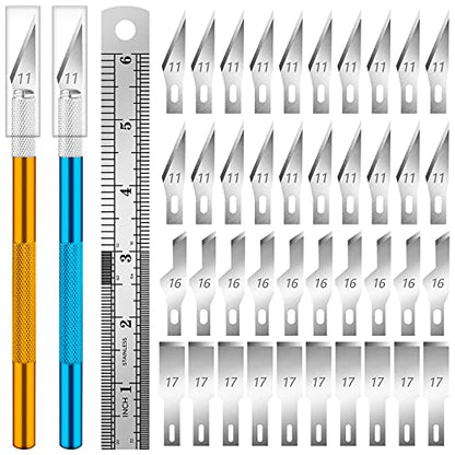 DIYSELF Exacto Knife Set, 2 Pack Craft Hobby Knife with 40 Spare Blades | Precision Exacto Knife for Crafting, Exacto Pen Knife for Crafts, Arts, Modeling, Scrapbooking (#11#16#17) - color: Gold-blue