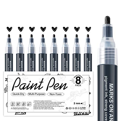 AKARUED Black Acrylic Paint Markers, 8 Pack Acrylic Black Paint Pen Sets for Rock Painting, Wood, Stone, Glass, Ceramic, Paper, Drawing, Art Projects, DIY Crafts, Water-Based ink, 2-3mm Medium Tip - color: Black
