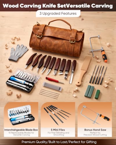 SakerNeo 35PCS Wood Carving Kit Whittling tools Set | Wood Carving Tools with Knife Set, Utility Knife, Gouges, Chisels,Ideal Woodworking Set for Beginners & DIY Gift - color: Brown 35pcs
