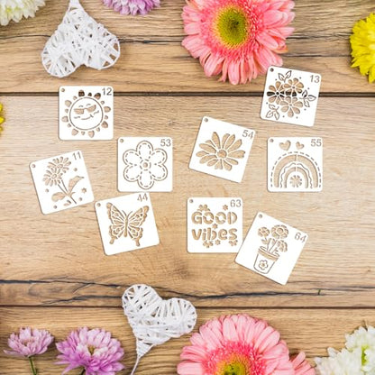 64 pcs Small Stencils for Crafts, Reusable 3 Inch Stencils, Including Flower Plant & Butterfly Patterns, DIY Craft Paint Great Templates for Painting on Wood, Fabric, Wall, Rock & Home Decor