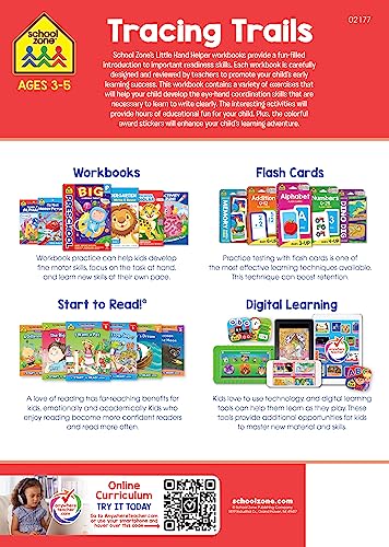 School Zone Tracing Trails Workbook: 32 Pages, Preschool, Pre-Writing, Intro to Shapes, Alphabet, Numbers, Ages 3 to 5 (Little Hand Helper Book Series)
