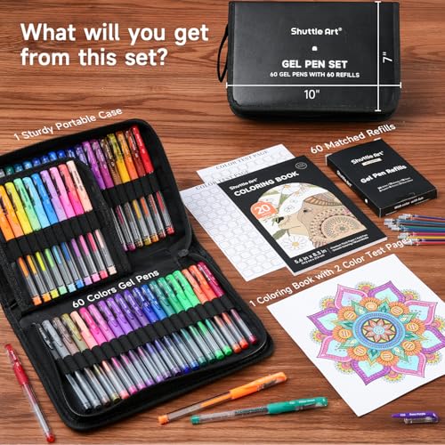 Shuttle Art Gel Pens, 120 Pack Gel Pen Set 60 Colored Gel Pen with 60 Refills for Adults Coloring Books Drawing Doodling Crafts Scrapbooking Journaling - color: 60 Colors with 60 Refills, style: Portable Case