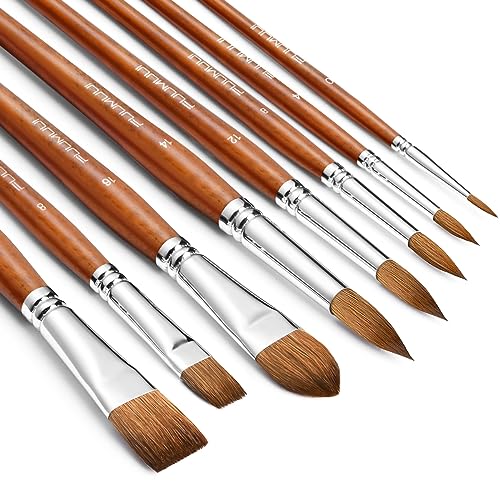 Sable Watercolor Brushes Professional, Fuumuui 8Pcs Sable Brush Set Variety Shapes with Flat, Round Pointed, Liner, Cat's Tongue Oval Wash Perfect for Watercolor Acrylic Gouache Inks Painting - color: Tan