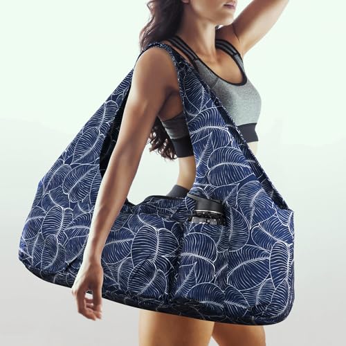 Large Yoga Mat Bag Yoga Bags and Carriers Fits All You Stuff Yoga Tote Bag with Yoga Mat Strap, Elastic Pockets and Zipper Pockets - color: dark blue