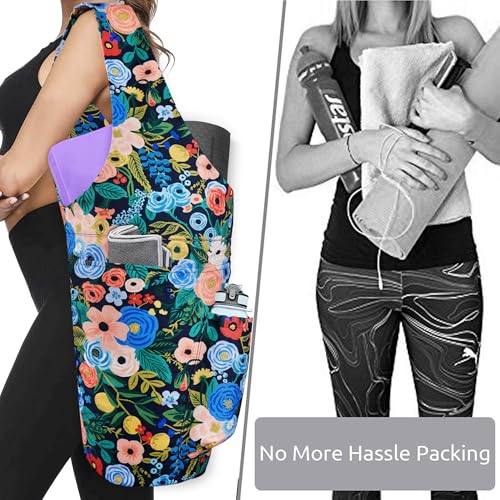 Yoga Mat Bag - Large Opening Long Tote Yoga Mat Carrier Holder Bag with Waterproof Wet Zipper Pocket and Drawstring Water Bottle Pocket - Yoga Bag Fit Most Size Mats - color: Floral