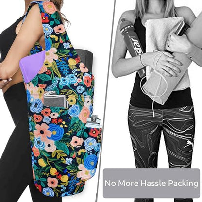 Yoga Mat Bag - Large Opening Long Tote Yoga Mat Carrier Holder Bag with Waterproof Wet Zipper Pocket and Drawstring Water Bottle Pocket - Yoga Bag Fit Most Size Mats - color: Floral