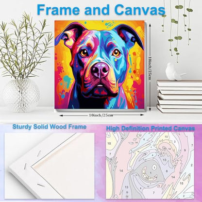 Artunion Framed Paint by Numbers Kit for Adults Beginners & Kids Ages 8-12,Colorful Pitbull Dog Paint by Number with Frame,Dog Animal Paint by Numbers Kit on Canvas 10 * 10 Inch Without Easel - color: ZXT-236-F
