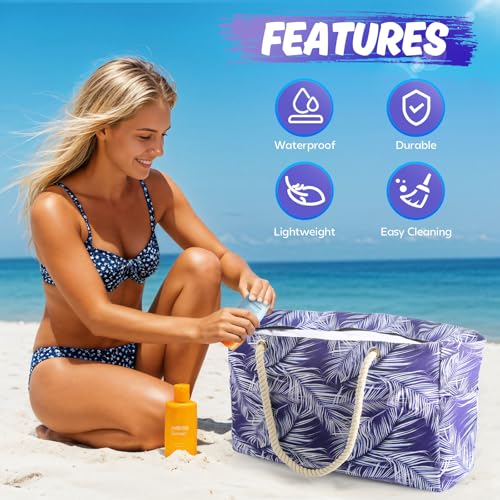 SRISE Large Beach Bag for Women & Men, Beach Bags Waterproof Sandproof, Travel Tote Bag, Swim Pool Bag for Family Outdoor - color: Palm Leaf