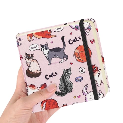 4.8x4.8 Pocket Sketch Book,Hardcover Art Sketchbook for Drawing Journal | Cloth Cover,80gsm Blank Paper,96Sheets,Lay-Flat,Portable Travel Creation Paint Diary Memo Planner,Dry MediaPink Cat - color: Cloth Cover-4.8x4.8in-Pink Cat