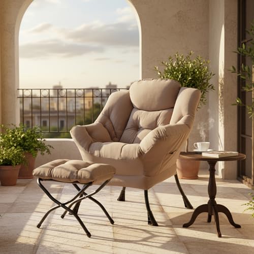 Tiita Lazy Chair with Ottoman, Comfy Reading Accent Chair, Velvet Khaki | Foldable Footrest, Padded Seat and Backrest, Side Pocket for Lounging in Living Rooms, Bedrooms, Dorms and Small Spaces - color: Khaki